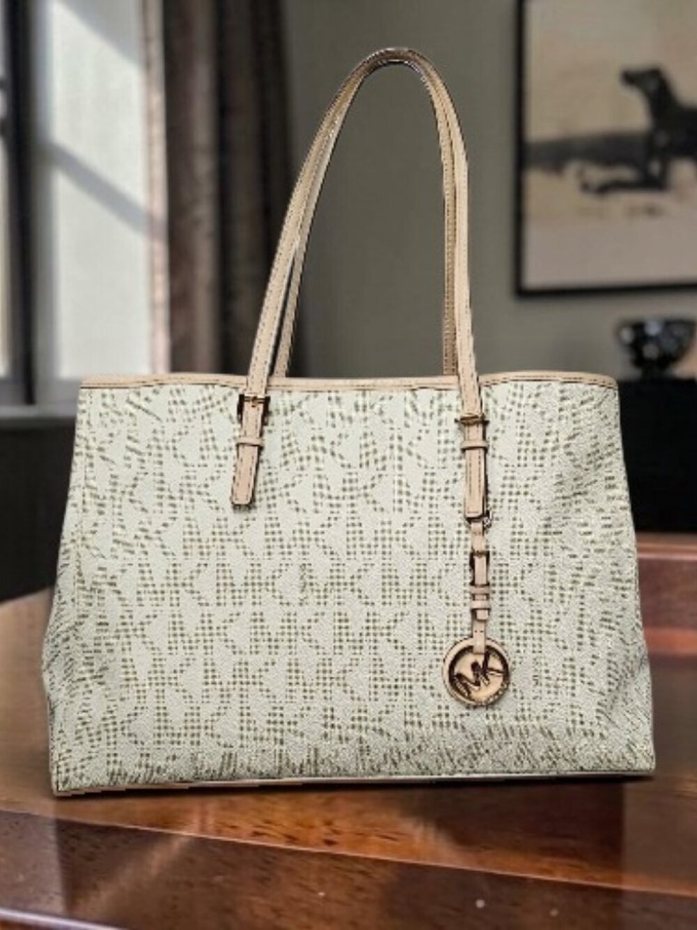 Michael Kors Jet Set Travel Large Tote Shoulder Bag COA Vanilla MK Signature